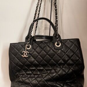 CHANEL Black Quilted Tote with Chain Handles